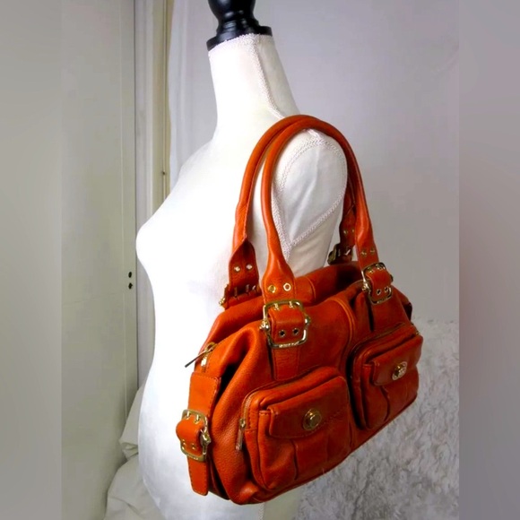 Michael Kors Orange Pebbled Leather Zip Top Satchel Shoulder Bag - Picture 4 of 15